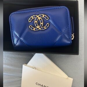 NEW Chanel Blue Goat Skin Gold 19 Zip Card Holder O-Coin Wallet Purse
